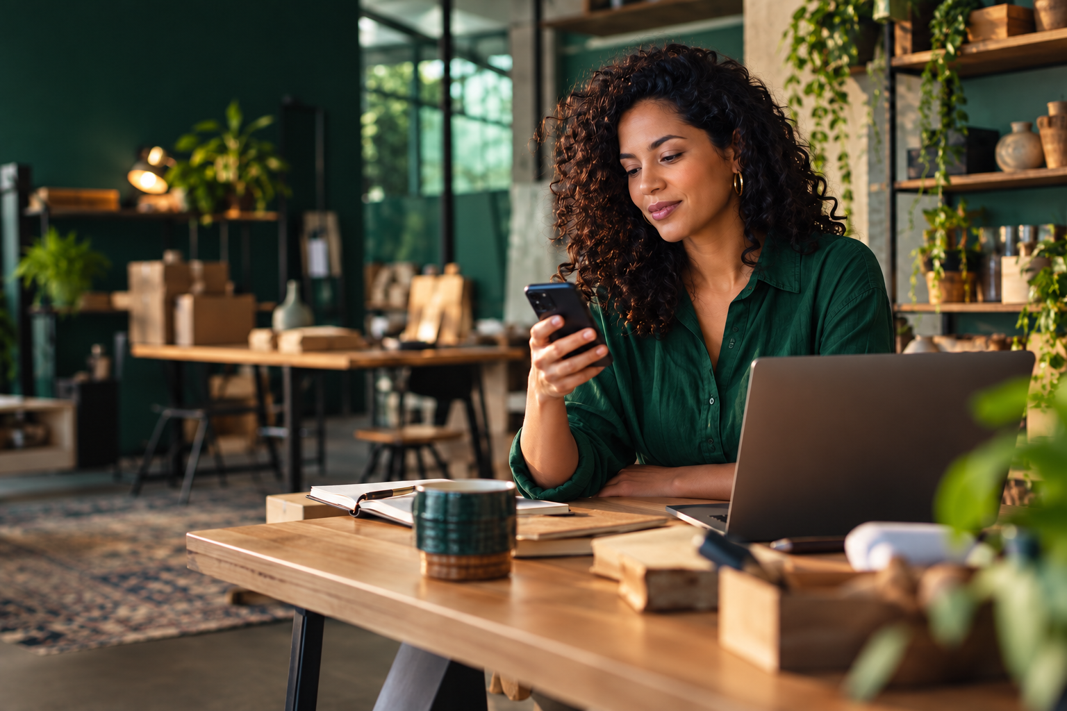 Empreendedora acompanhando seu negócio pelo celular