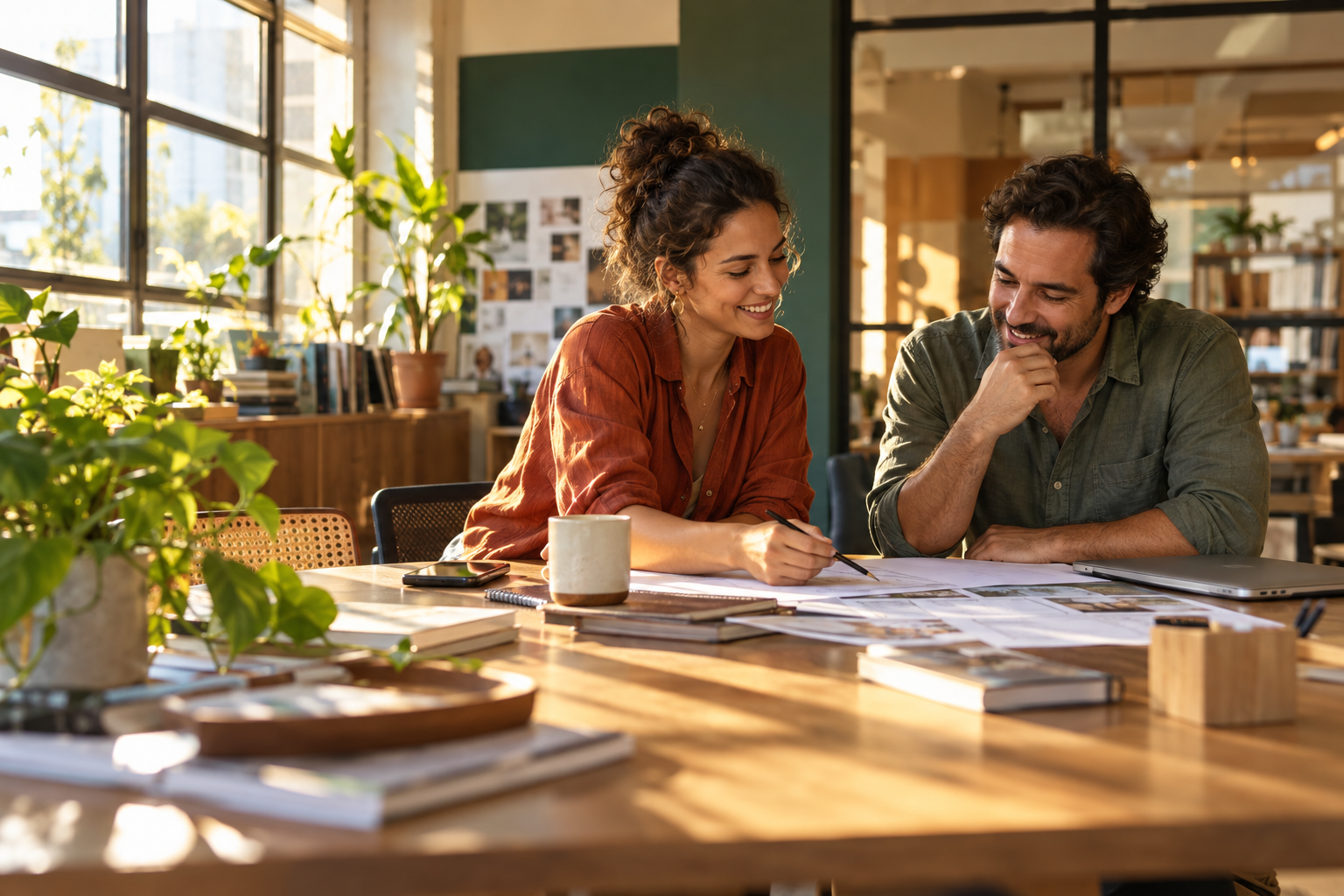 Profissionais conversam sobre o negócio em um ambiente de trabalho