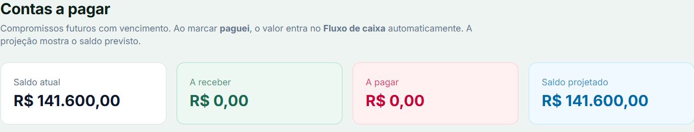 Visão financeira real com saldo e contas no acesso do cliente